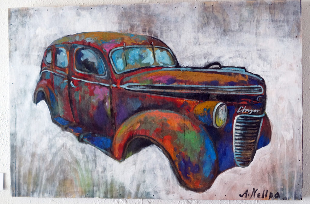 Old Chrysler from junk yard, on wood panel $150